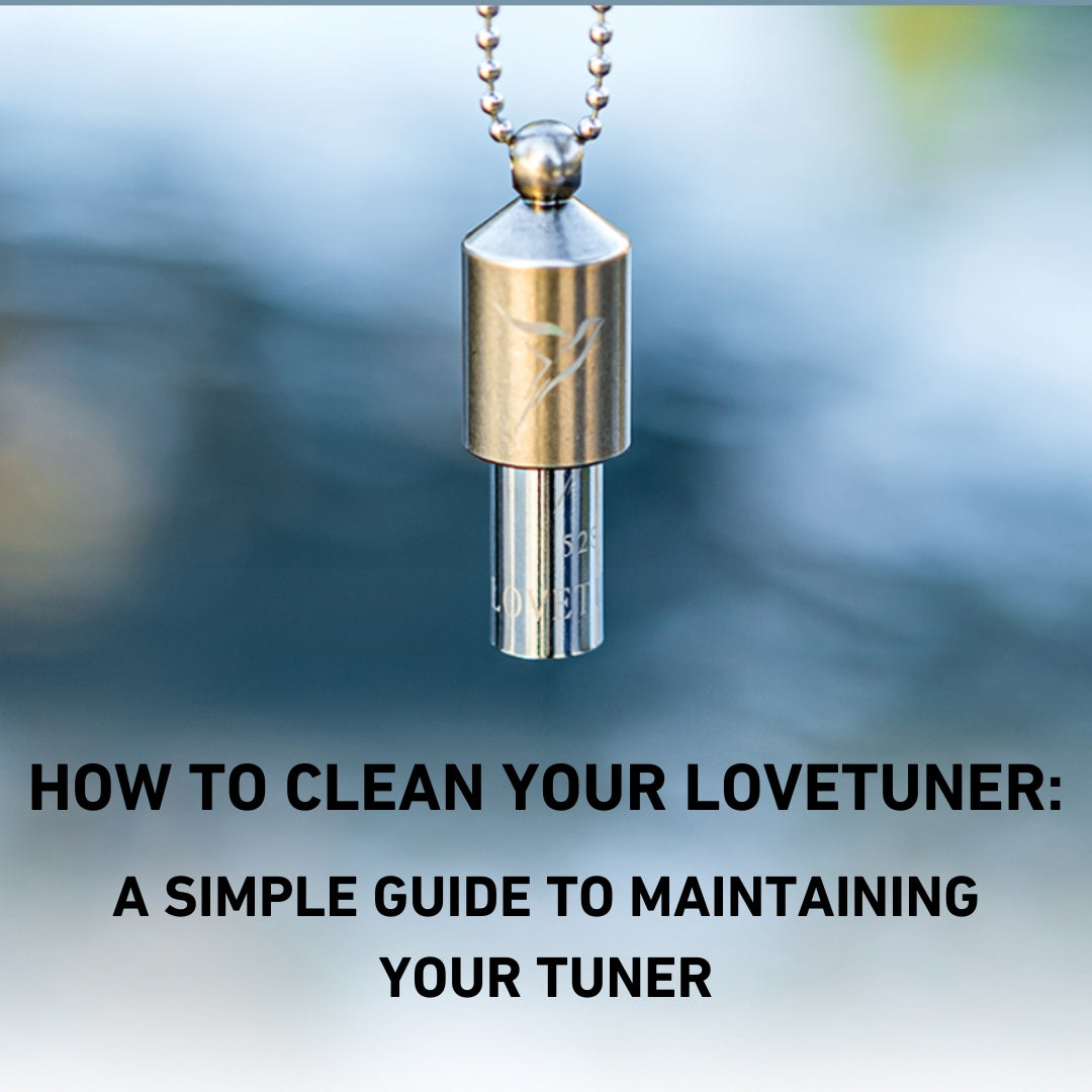 A Lovetuner pendant hanging on a chain with a blurred outdoor background. The text on the image reads: 'How to clean your Lovetuner: A simple guide to maintaining your tuner.