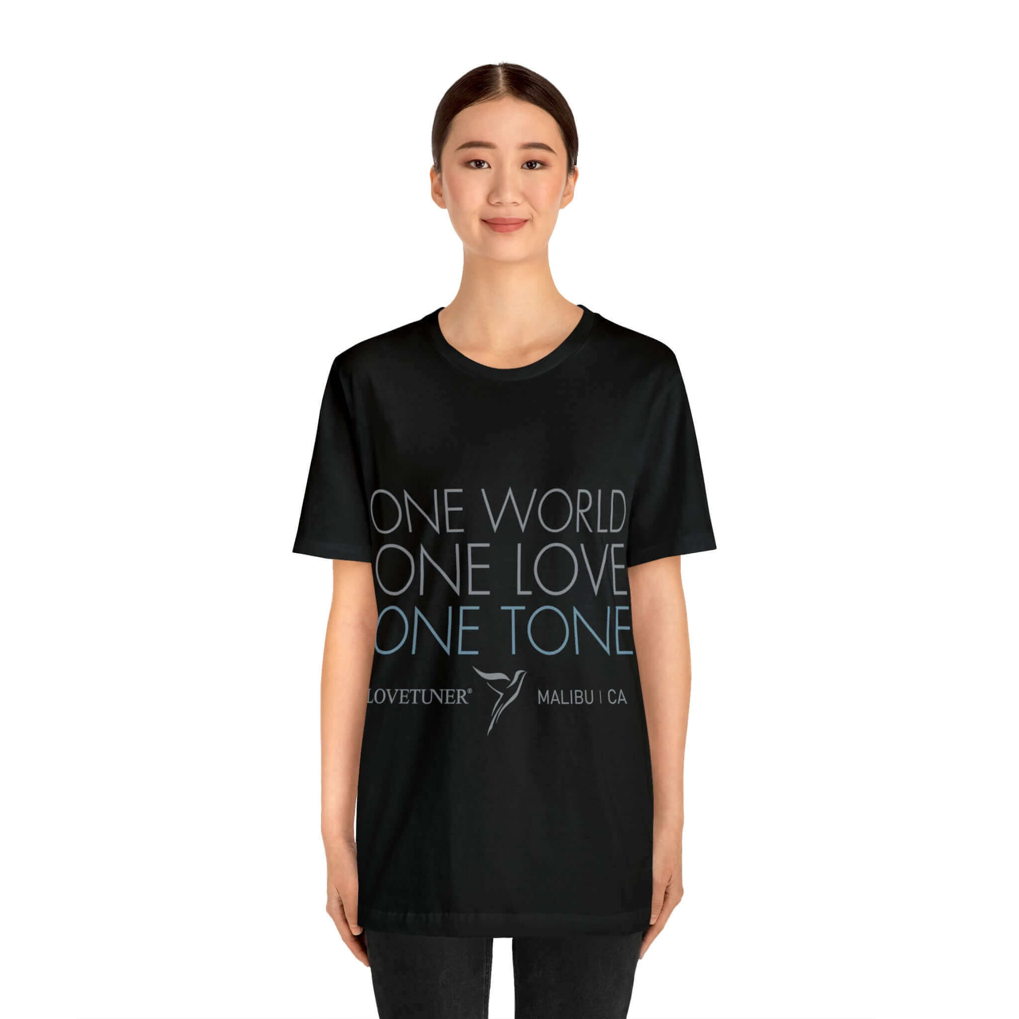 Lovetuner Unisex 'One Love One World One Tone' T-Shirt in Black – Embrace the 528 Hz Love Frequency with this stylish, meaningful apparel.