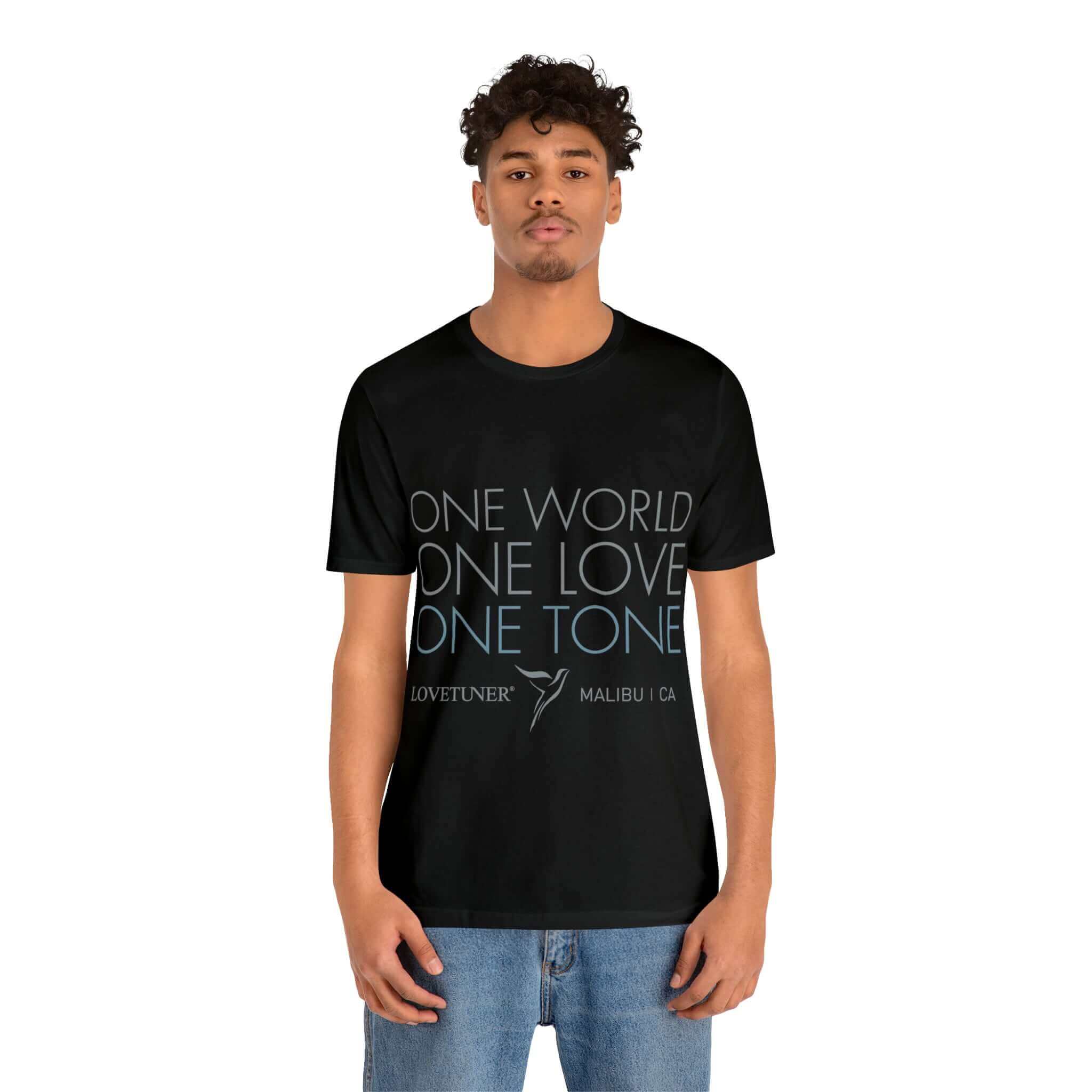 Lovetuner Unisex One Love One World One Tone T-Shirt in black featuring the 528 Hz love frequency, symbolizing unity and harmony through sound.