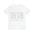 Cargar la imagen en la vista de la galería, Lovetuner unisex white T-shirt featuring 'One Love One World One Tone' design, resonates with 528 Hz miracle tones for harmony and balance.
