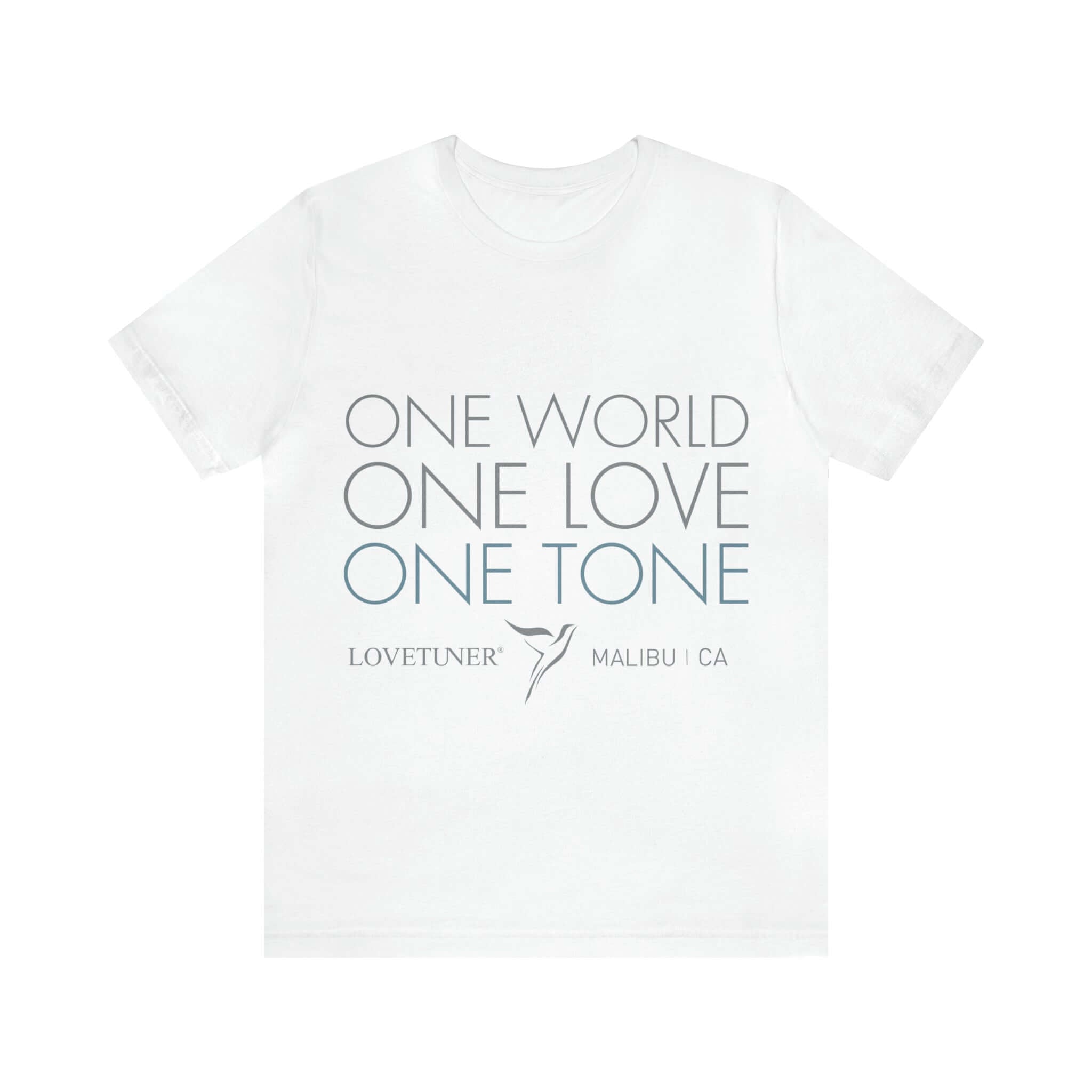 Lovetuner unisex white T-shirt featuring 'One Love One World One Tone' design, resonates with 528 Hz miracle tones for harmony and balance.