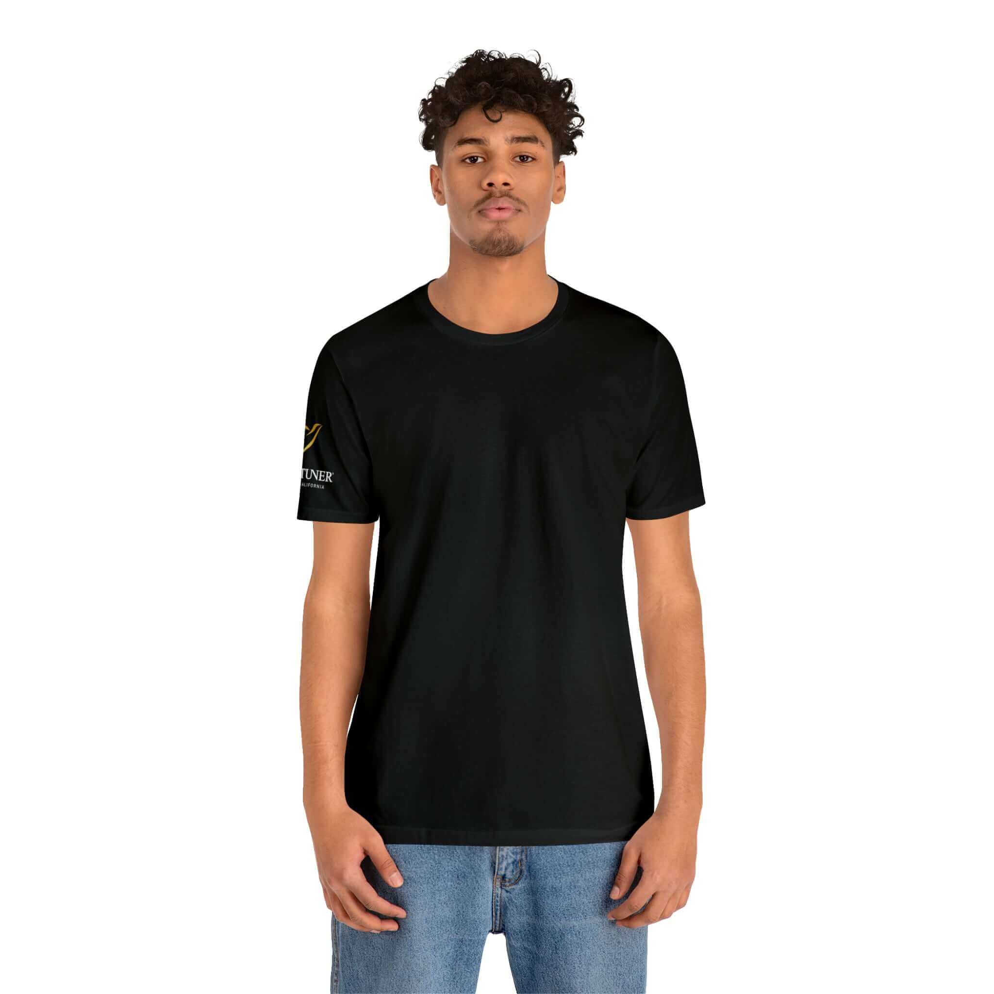 Lovetuner Uni-Sex T-Shirt in black featuring love hertz frequency design, perfect for promoting mindfulness and self-love. Comfortable, stylish wear.