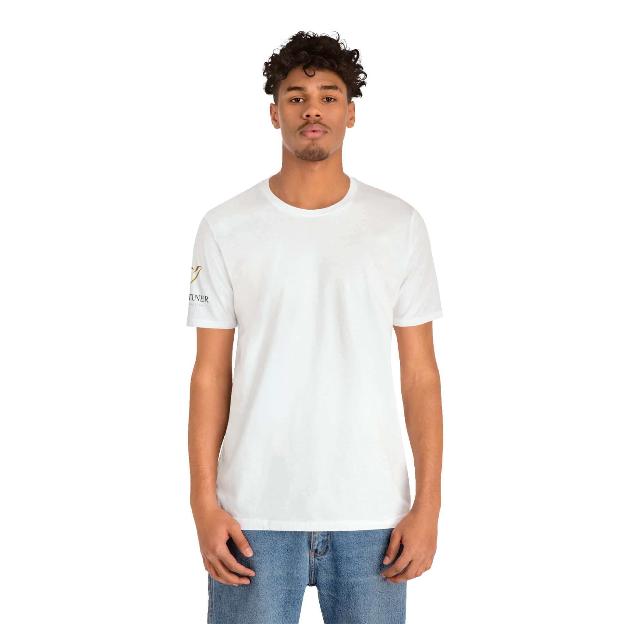 Uni-Sex white Lovetuner T-Shirt featuring 528 Hz sound design. Comfortable and stylish, perfect for enhancing your frequency and expressing your vibe.