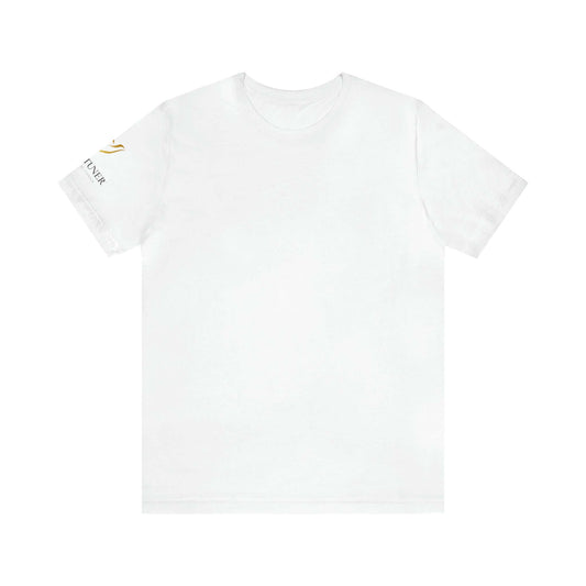 Lovetuner Uni-Sex T-Shirt in white, showcasing the 528 Hz frequency love symbol, promoting healing and positive energy through stylish apparel.
