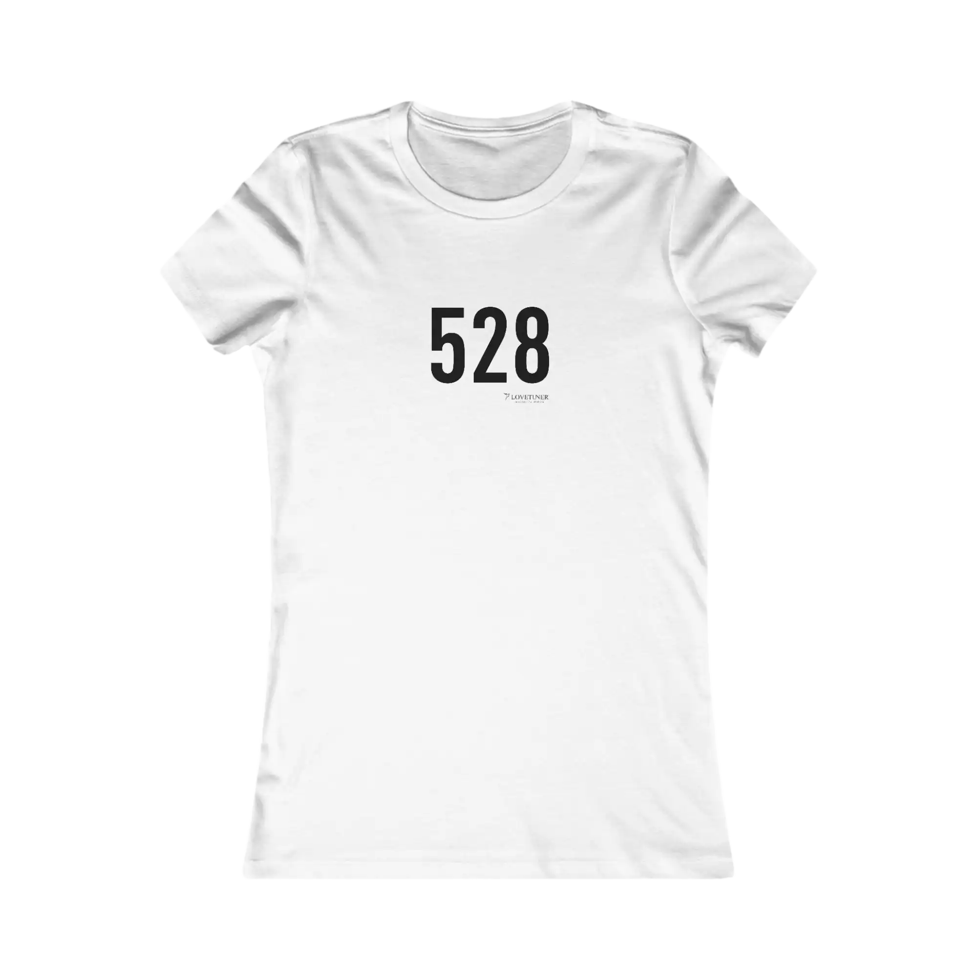 White t-shirt with black text '528' on a white background