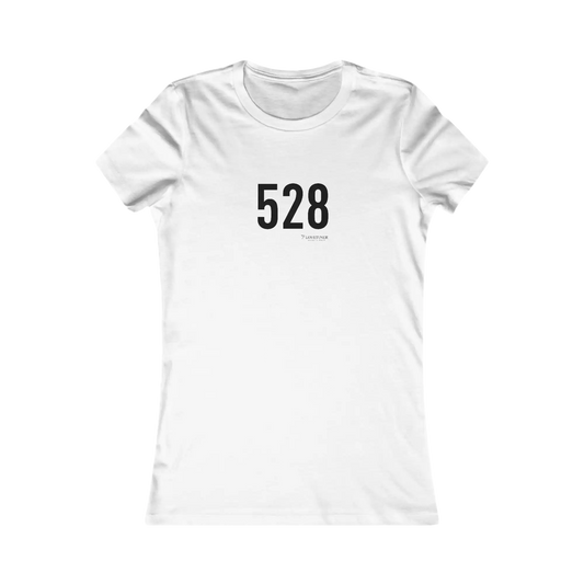 White t-shirt with black text '528' on a white background