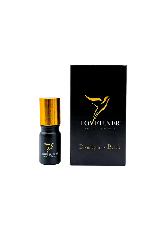 Black and gold Lovetuner bottle and packaging on a white background