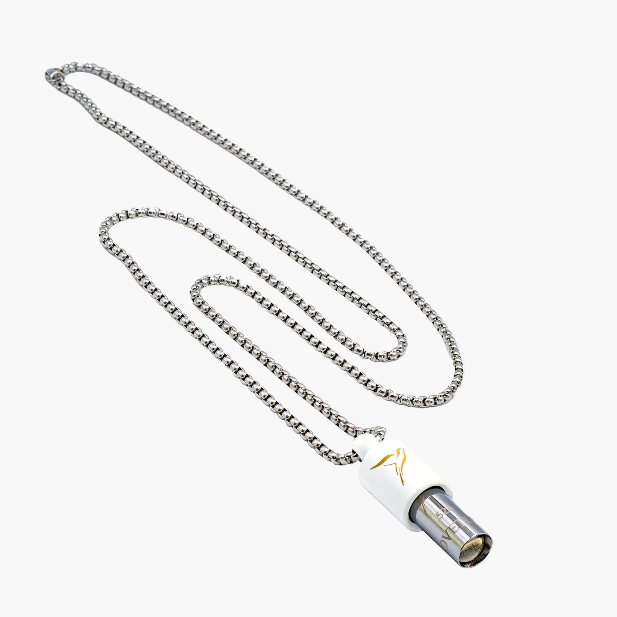 Lovetuner white 528Hz breathing device with Lovetuner logo on stainless steel box chain