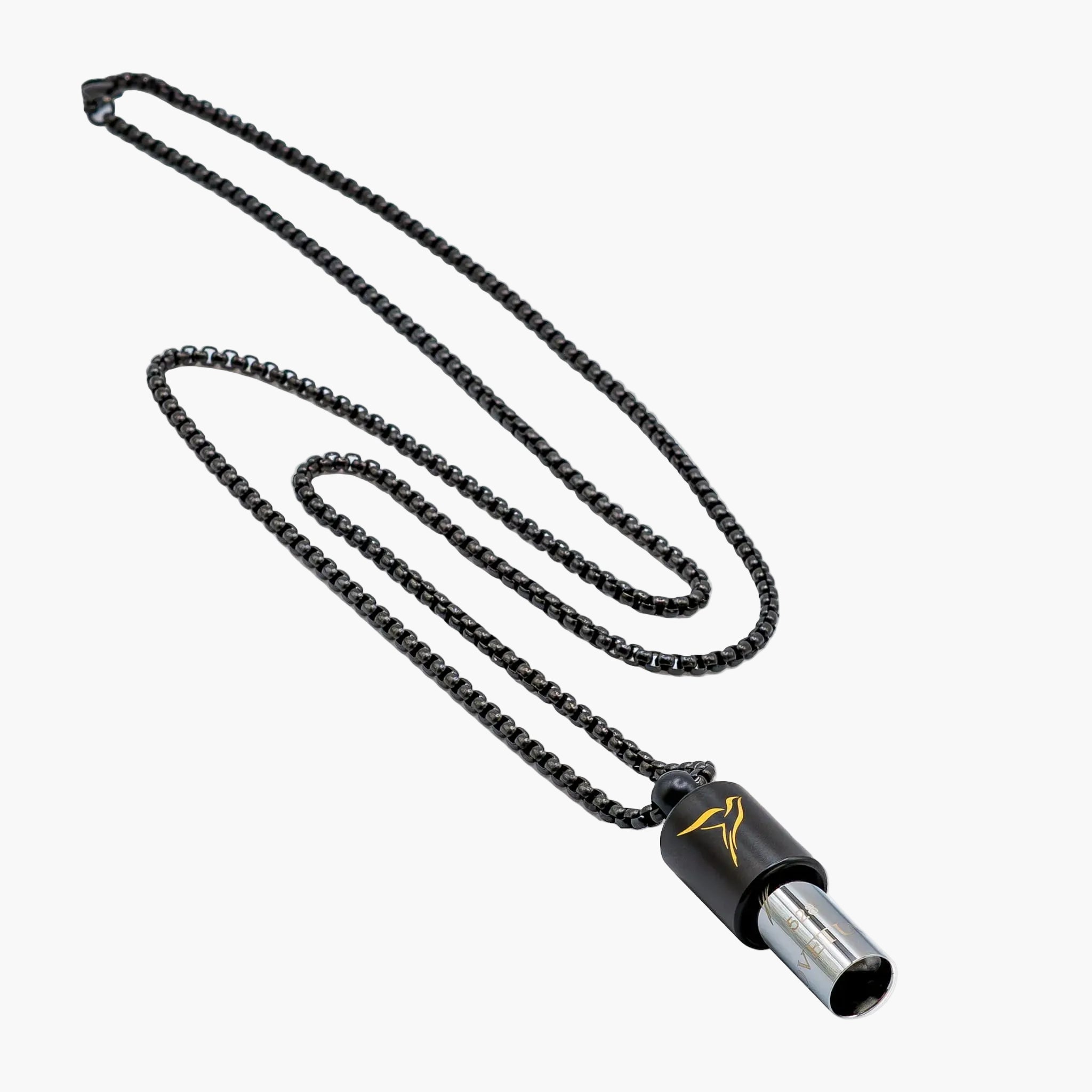 Lovetuner black 528Hz breathing necklace with Lovetuner logo on black stainless steel box chain