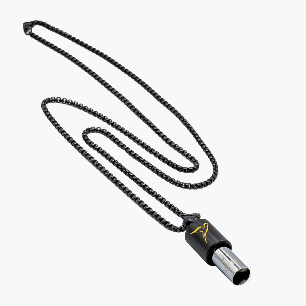 Lovetuner black 528Hz breathing necklace with Lovetuner logo on black stainless steel box chain