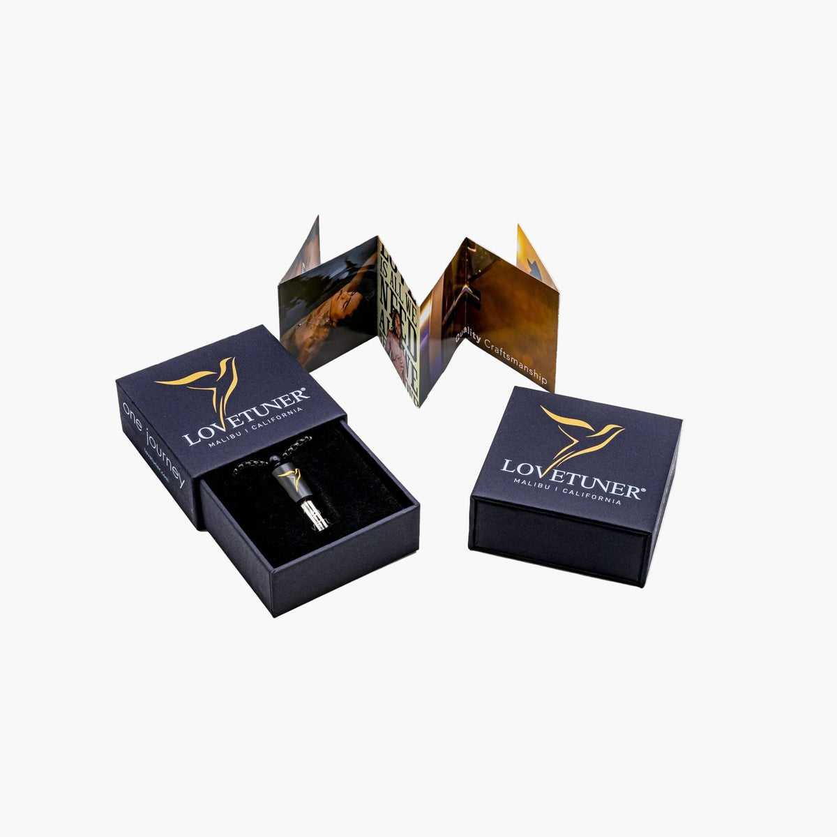 Lovetuner black 528Hz breathing necklace in signature gift box with brand leaflet