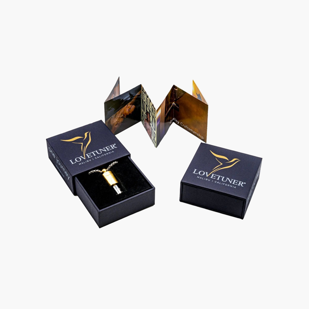 Lovetuner bronze 528Hz breathing necklace in signature gift box with brand leaflet