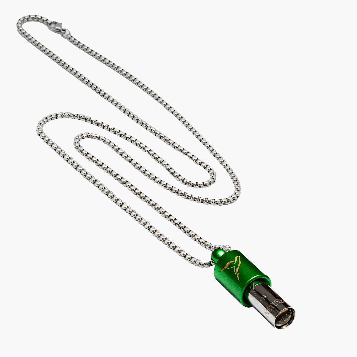 Lovetuner green 528Hz breathing necklace with Lovetuner logo on stainless steel box chain