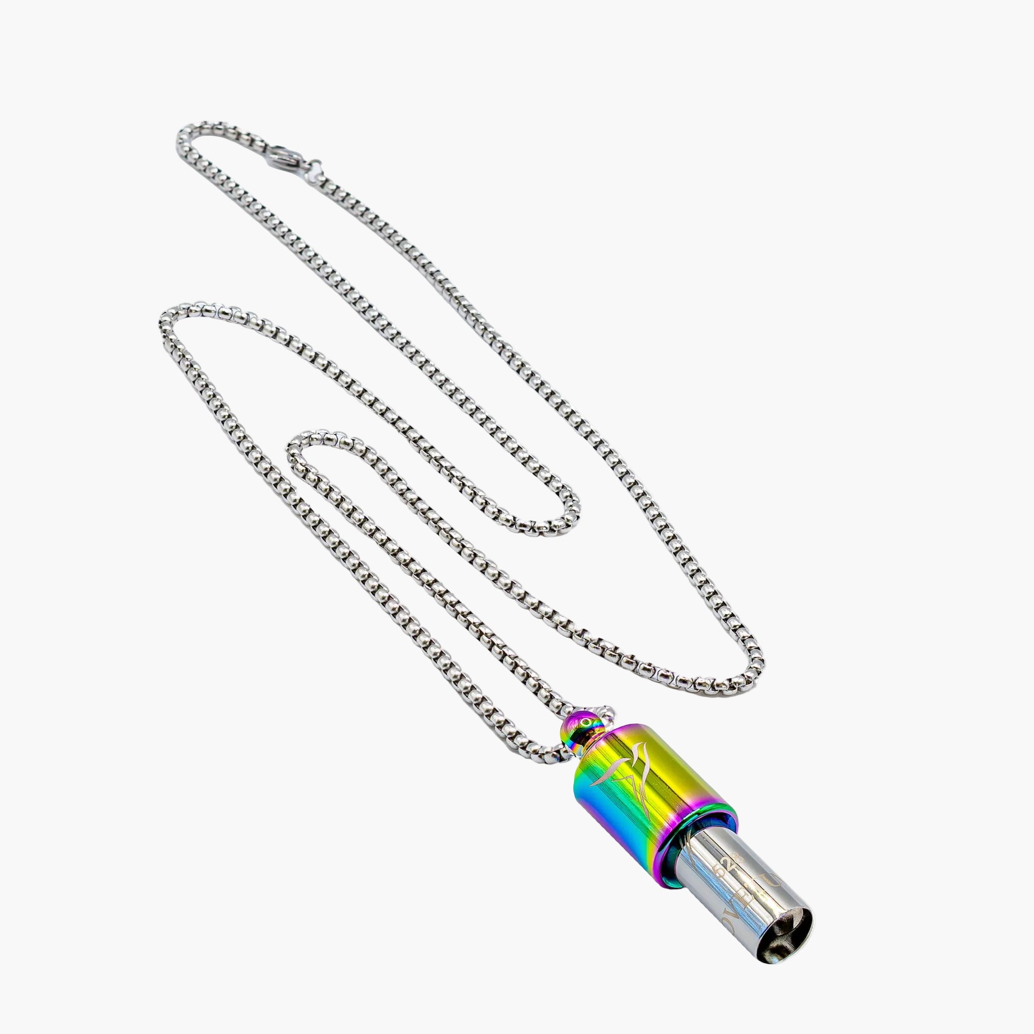 Lovetuner viola 528Hz breathing necklace with Lovetuner logo on stainless steel box chain
