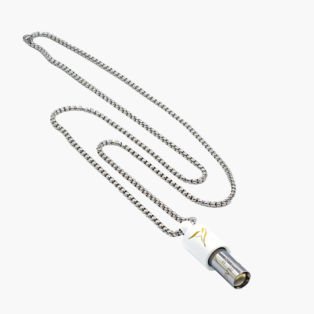 Lovetuner white 528Hz breathing necklace with Lovetuner logo on stainless steel box chain