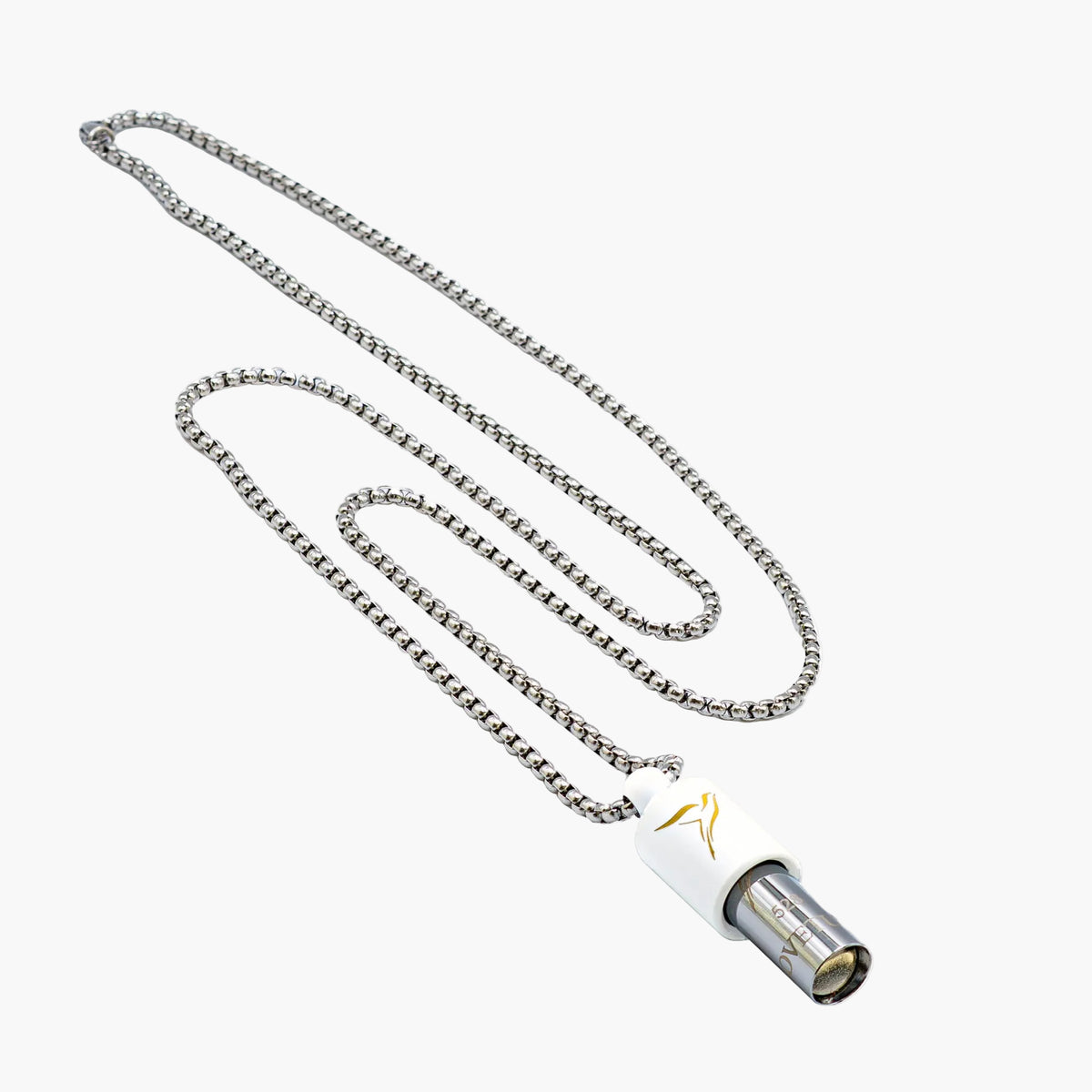 Lovetuner white 528Hz breathing necklace with Lovetuner logo on stainless steel box chain