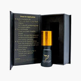 Lovetuner Egyptian Pharaoh Oil in its open gift box with steps to apply the oil and breathe through the Lovetuner