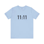 Light blue t-shirt with '11:11' print on a white background