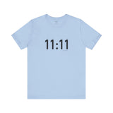 Light blue t-shirt with '11:11' print on a white background