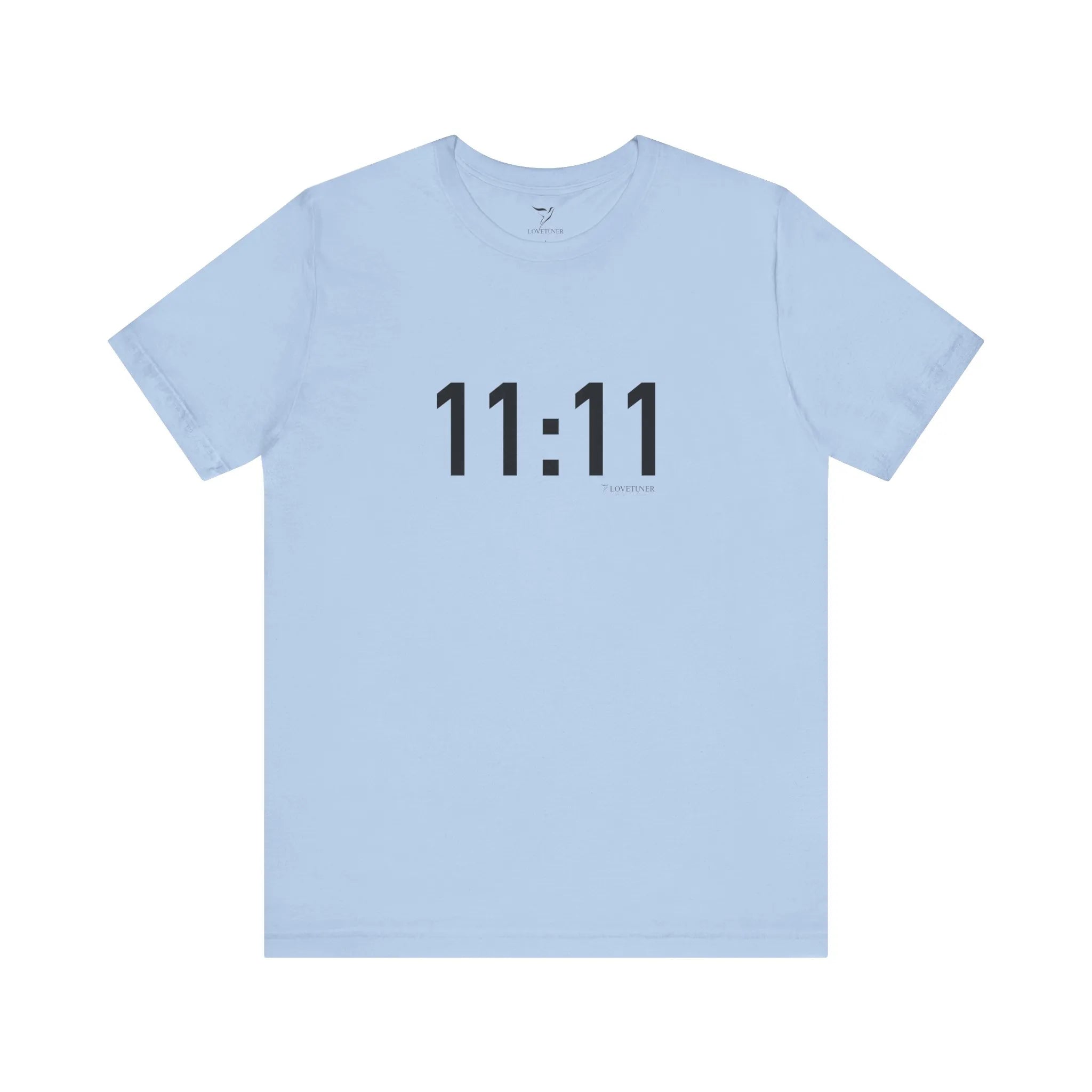 Light blue t-shirt with '11:11' print on a white background