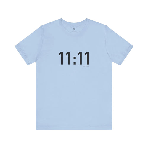 Light blue t-shirt with '11:11' print on a white background