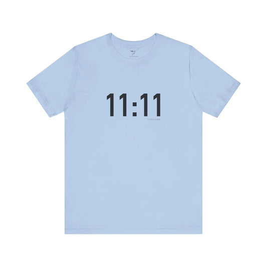 Light blue t-shirt with '11:11' print on a white background