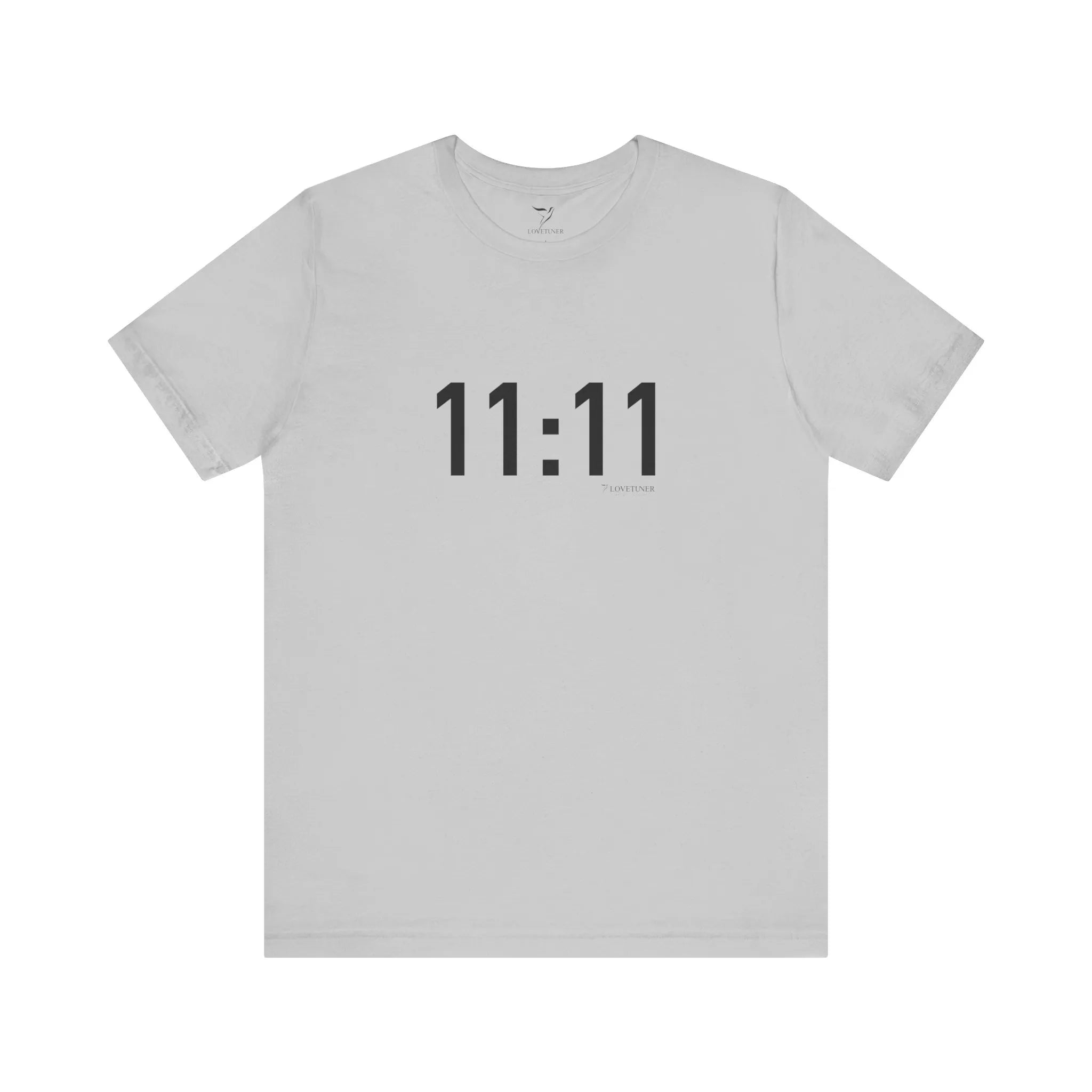 White t-shirt with '11:11' print on a white background