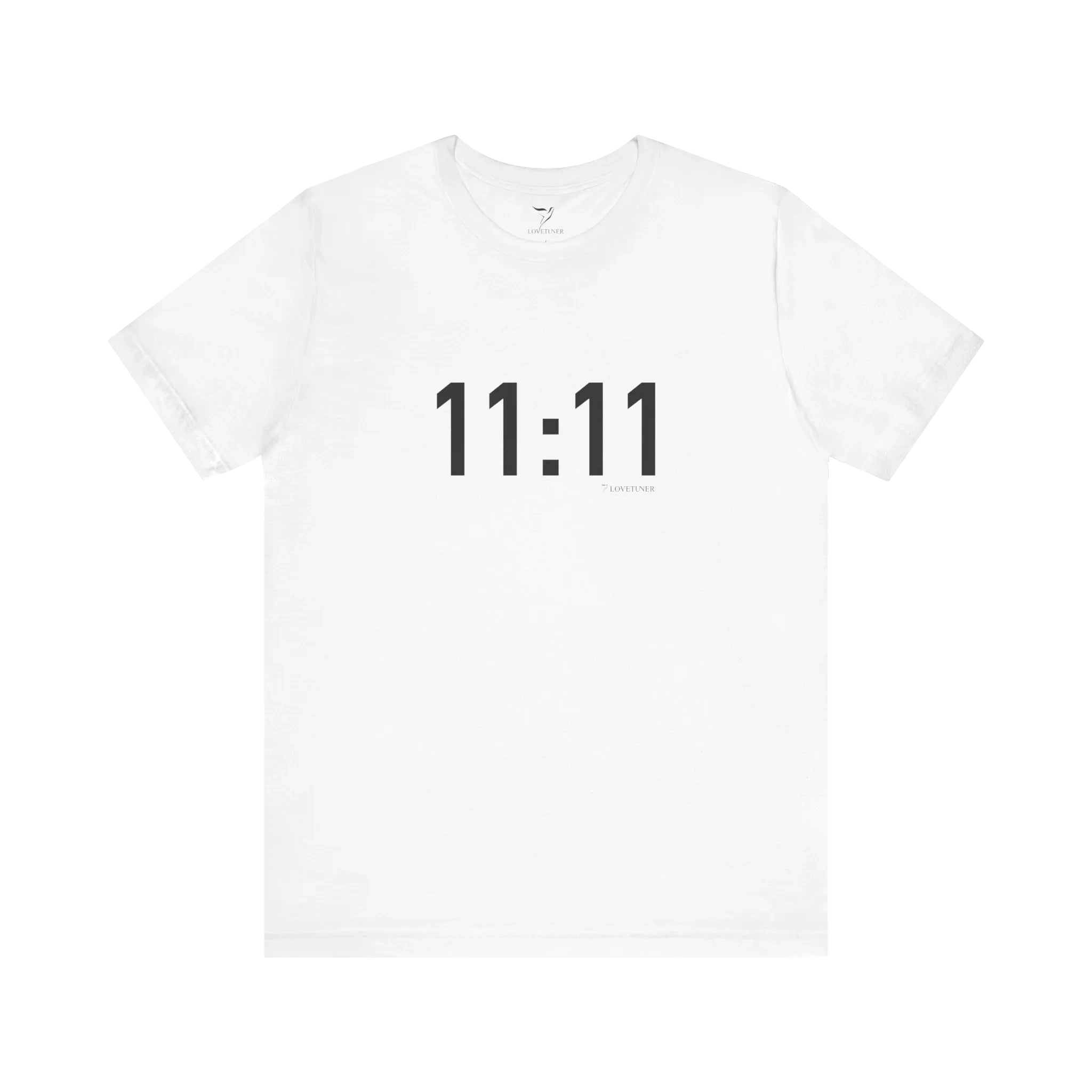 White t-shirt with '11:11' printed on a white background