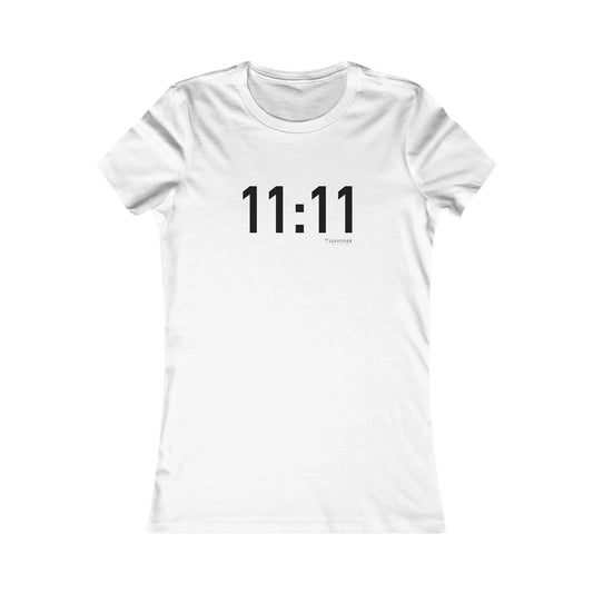 White t-shirt with '11:11' printed on a white background
