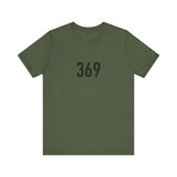 Green t-shirt with the number 369 printed on a white background