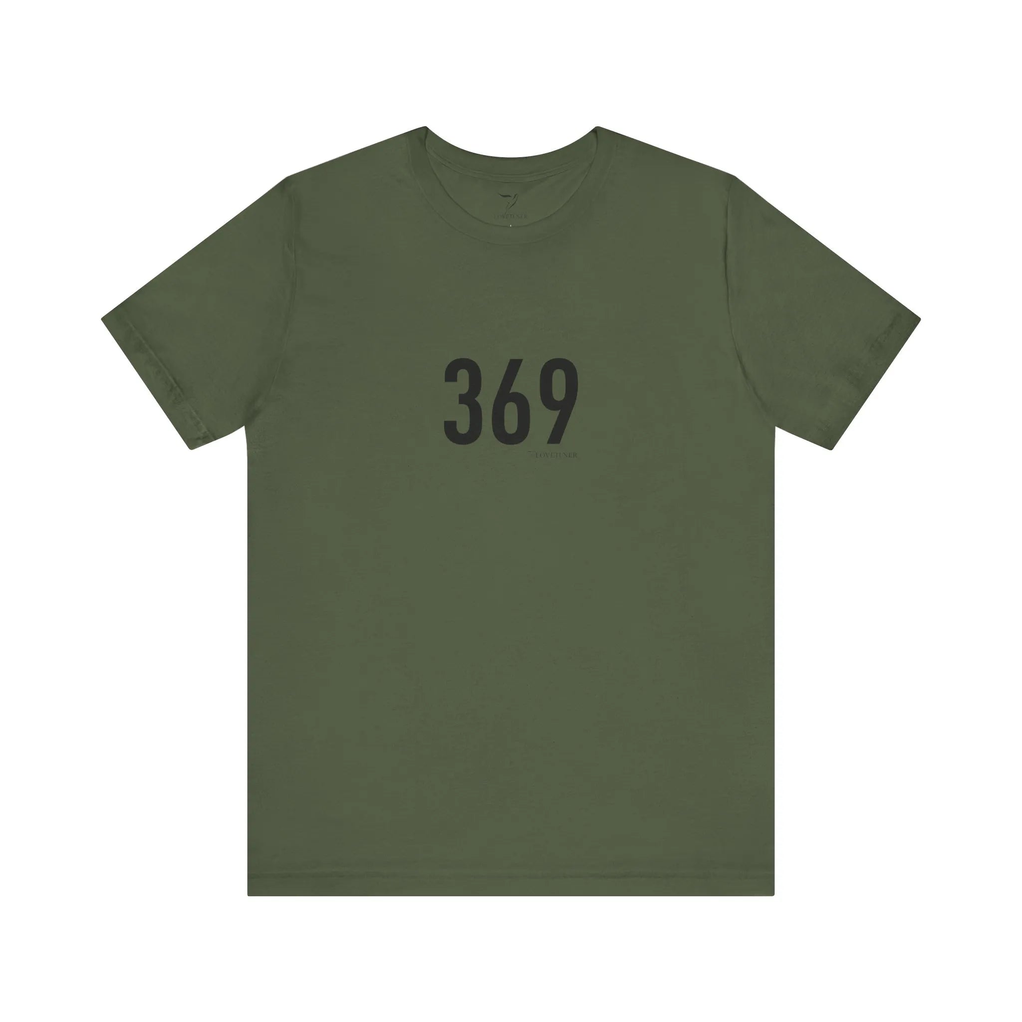 Green t-shirt with the number 369 printed on a white background