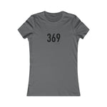 Gray t-shirt with the number 369 printed on a white background