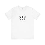 White t-shirt with black text '369' on a white background
