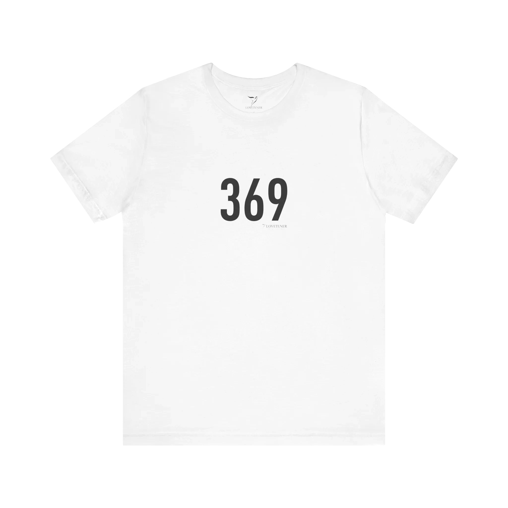 White t-shirt with black text '369' on a white background