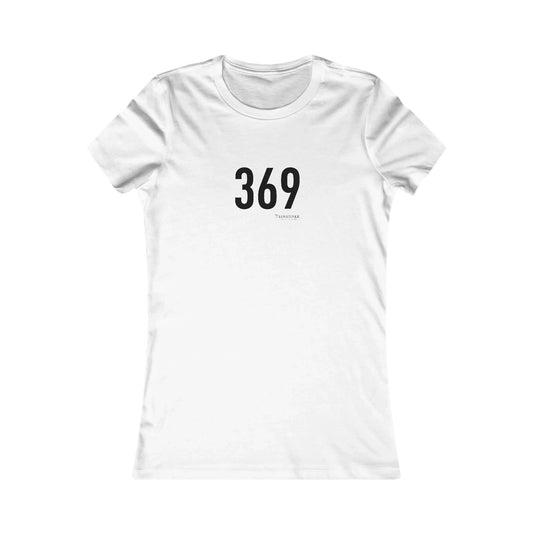 White t-shirt with black text '369' on a white background