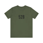 Green t-shirt with the number 528 printed on a white background