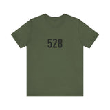 Green t-shirt with the number 528 printed on a white background