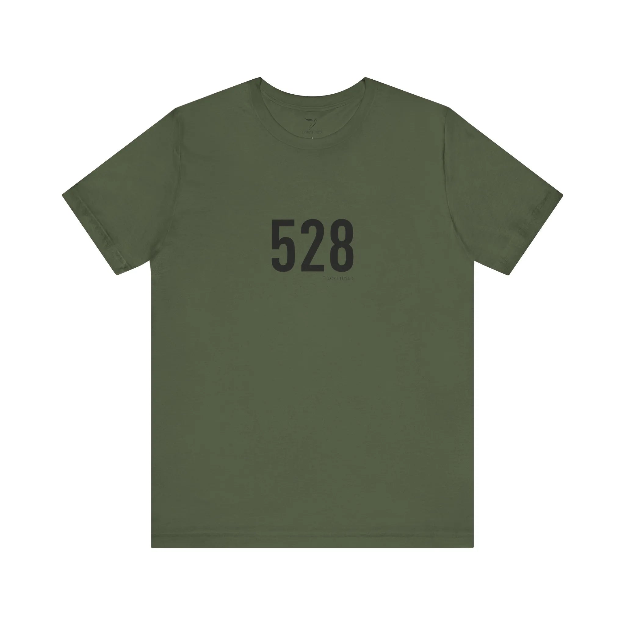 Green t-shirt with the number 528 printed on a white background