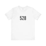 White t-shirt with black text '528' on a white background
