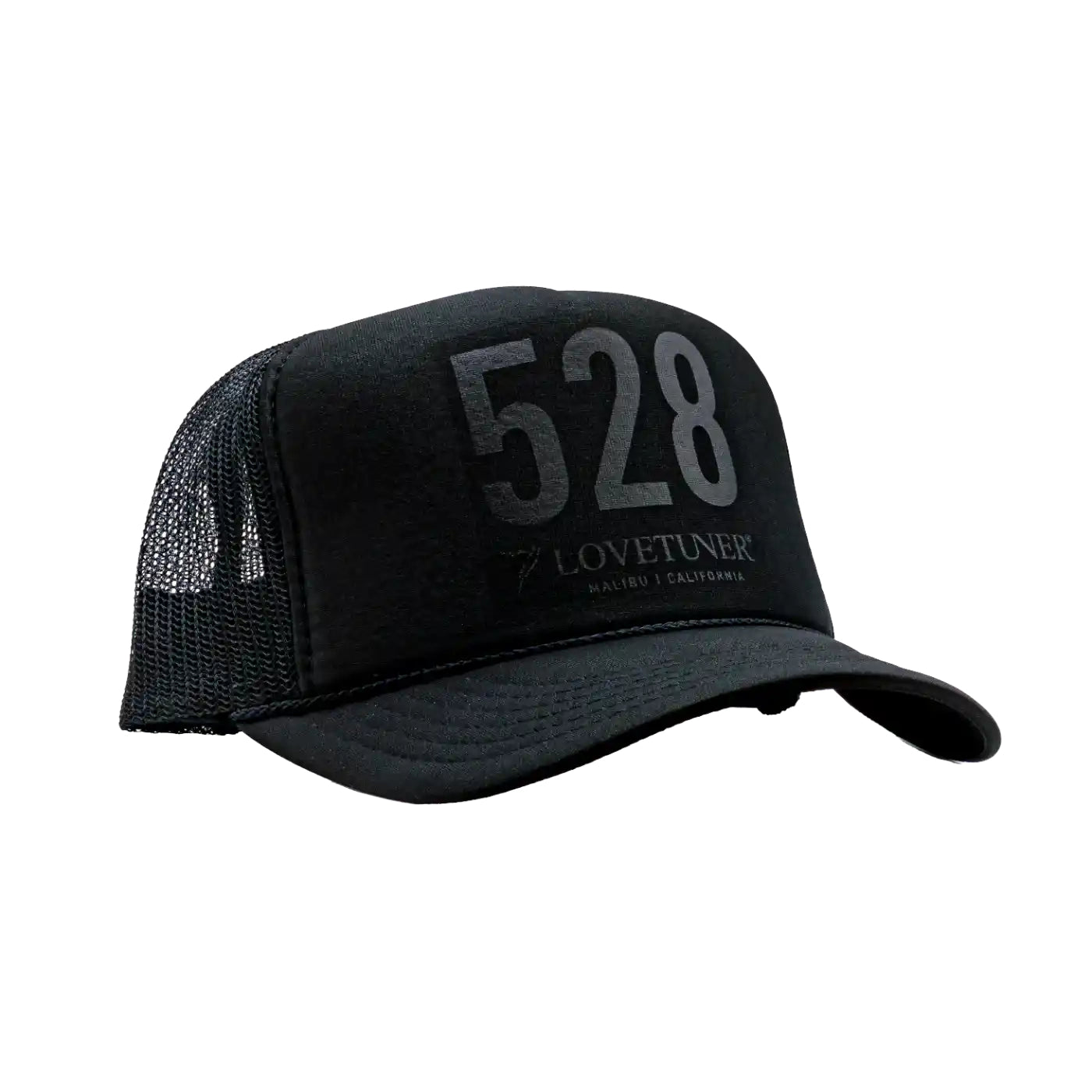 Black trucker cap with '528' and brand name on a white background