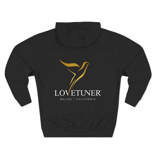 Product photo of the back of a black hoodie with Lovetuner logo