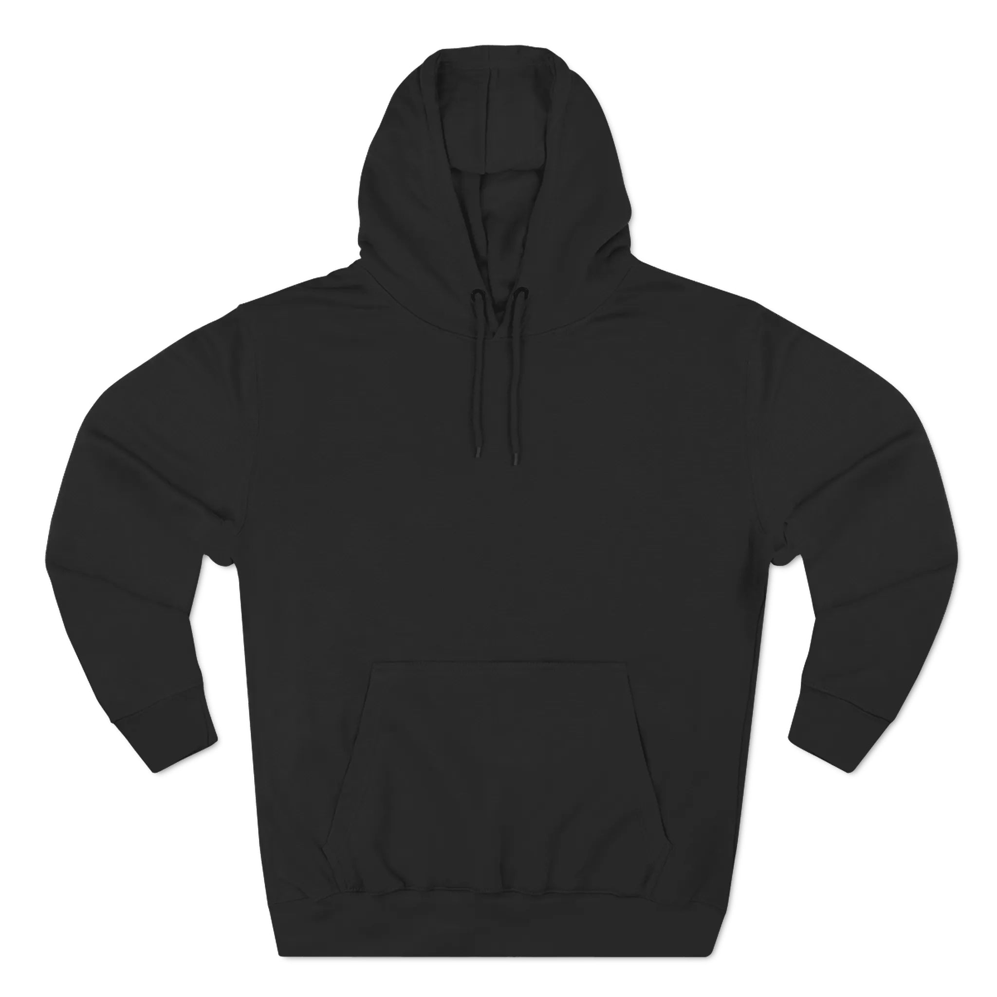 Product photo of the front of a black hoodie