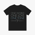 Black t-shirt with 'One World One Love One Tone' text and Lovetuner logo on a white background