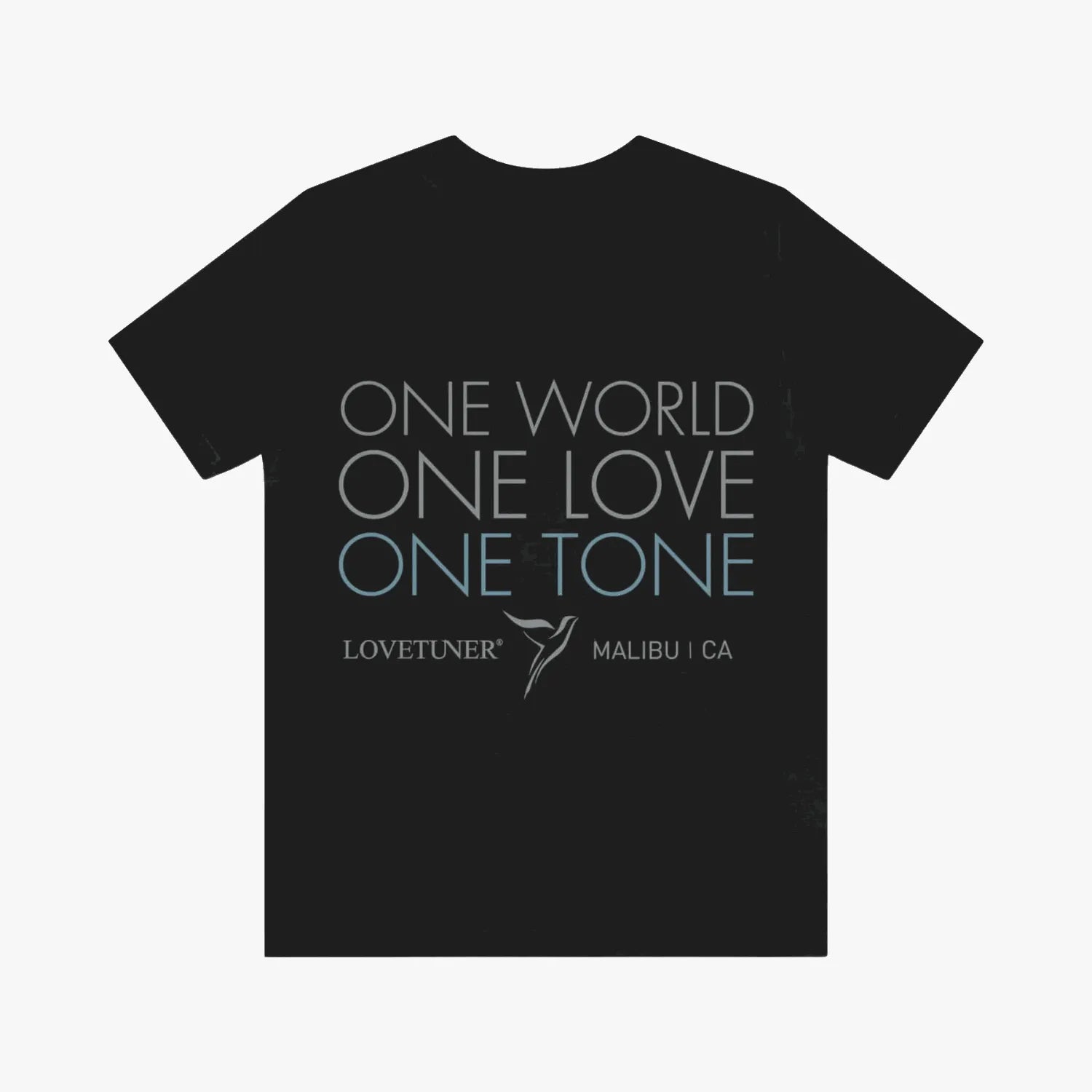 Black t-shirt with 'One World One Love One Tone' text and Lovetuner logo on a white background