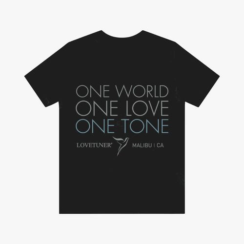 Black t-shirt with 'One World One Love One Tone' text and Lovetuner logo on a white background