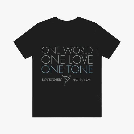 Black t-shirt with 'One World One Love One Tone' text and Lovetuner logo on a white background