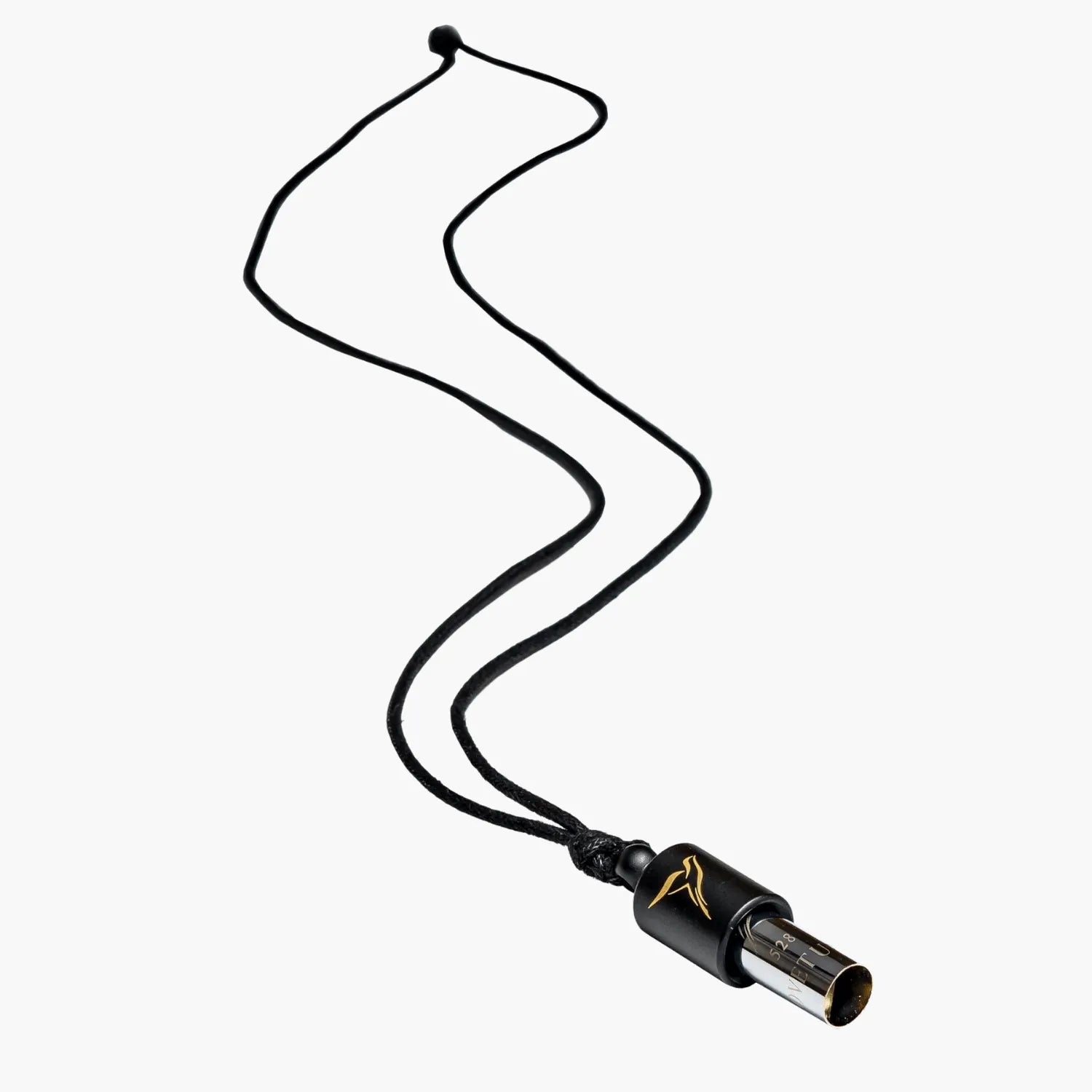 Necklace with a black cylindrical pendant Lovetuner whistle with a waxed cotton necklace on a white background