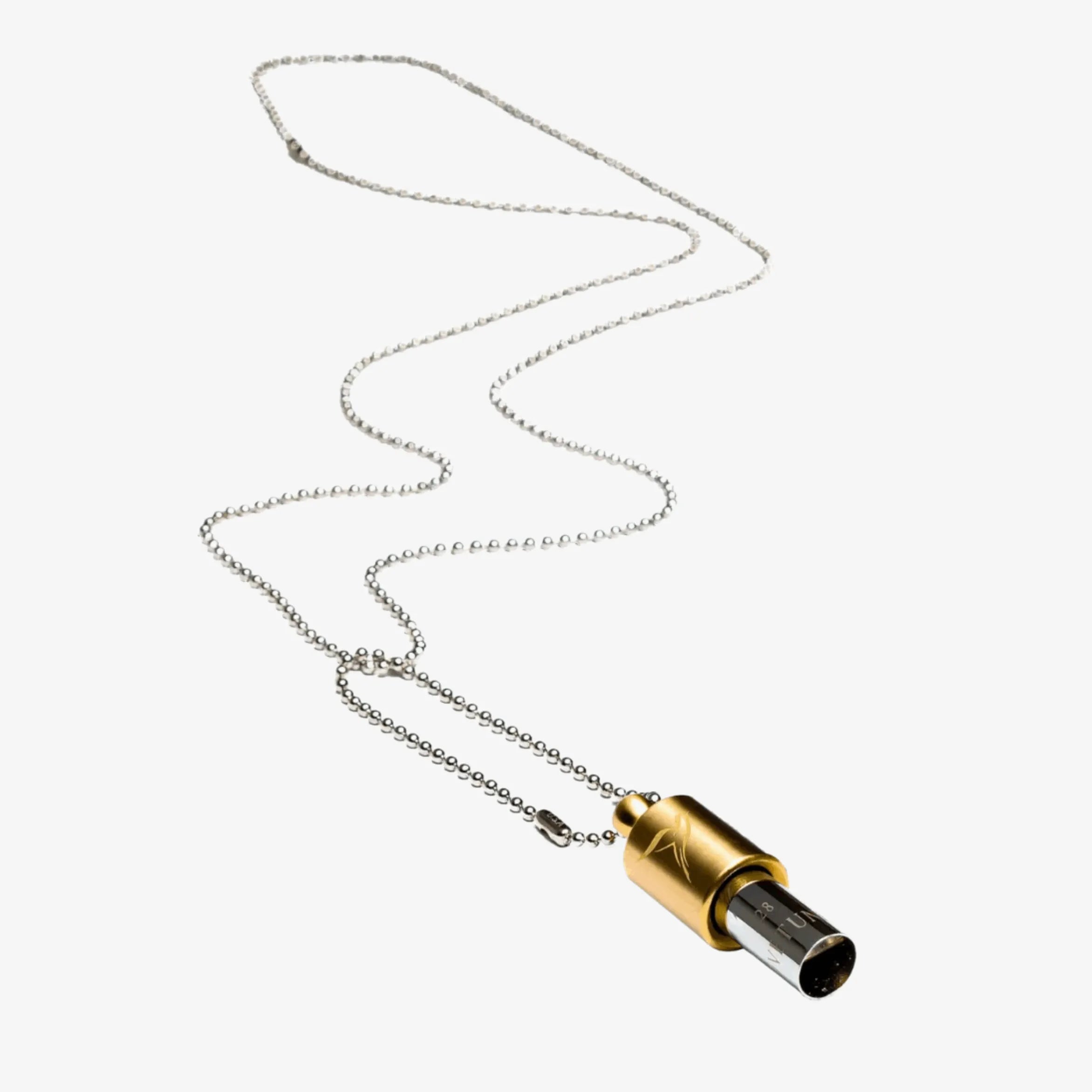 Necklace with a bronze cylindrical pendant Lovetuner whistle with a ball chain necklace on a white background