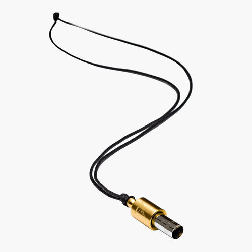 Necklace with a bronze cylindrical pendant Lovetuner whistle with a waxed cotton necklace on a white background