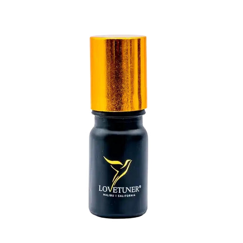 Black bottle with gold cap on a white background, featuring Lovetuner logo.